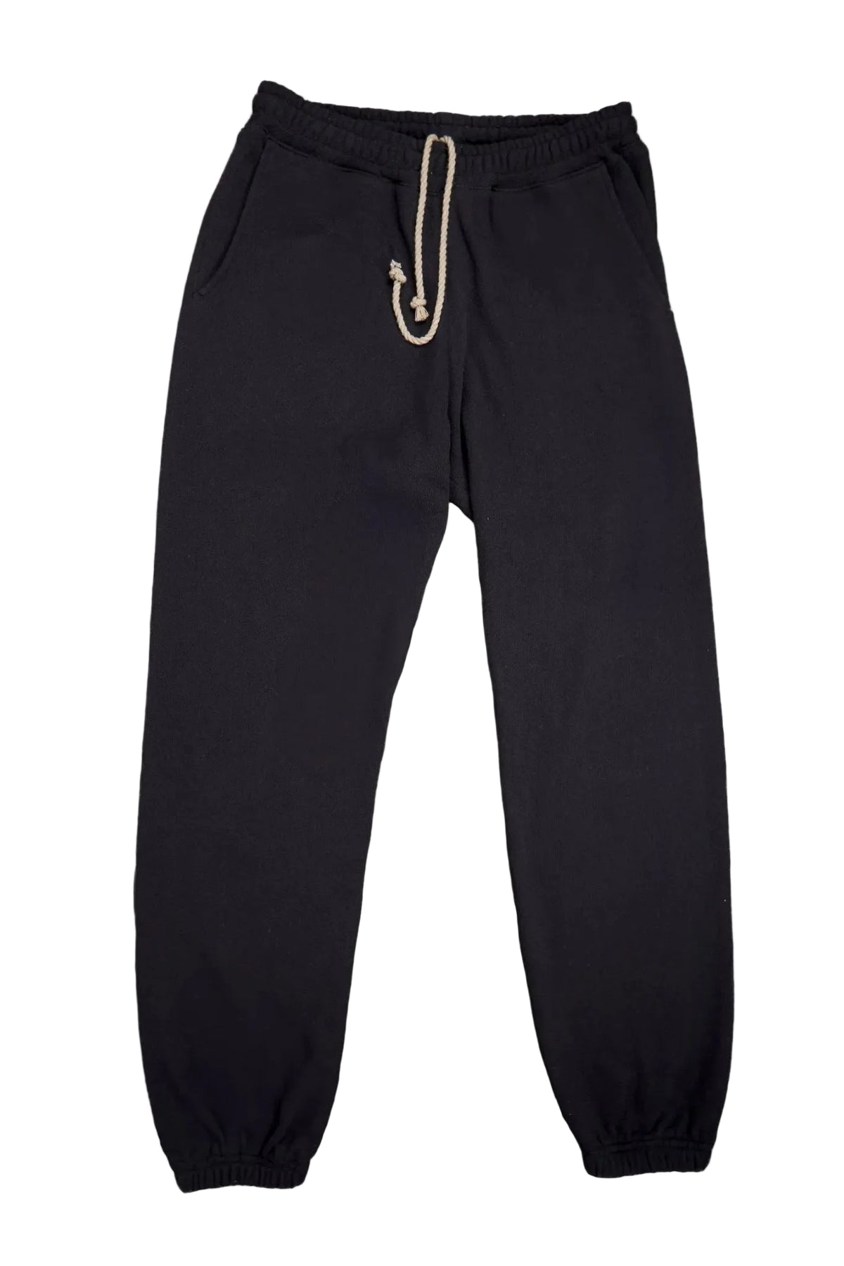 Black sweatpants with a drawstring on a white background