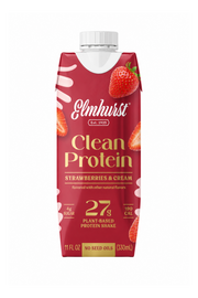 Elmhurst Clean Protein Strawberry & Cream plant-based protein shake in an 11 fl oz carton, featuring a deep red design with white and gold text and strawberry graphics.