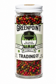 Jar of Greenpoint Trading Co. tri-color peppercorns on a white background