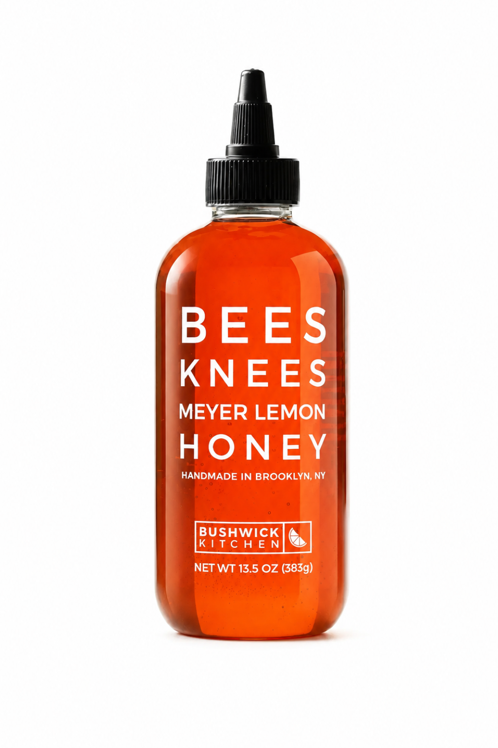 Bottle of Bees Knees Meyer Lemon Honey on a white background
