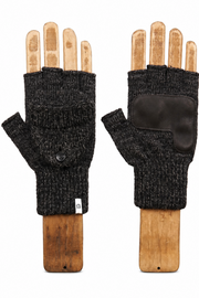 A pair of black fingerless knit gloves displayed on wooden hand forms against a plain white background.