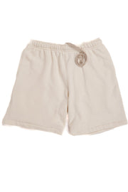 Beige cotton drawstring shorts with an elastic waistband, photographed flat against a white background.