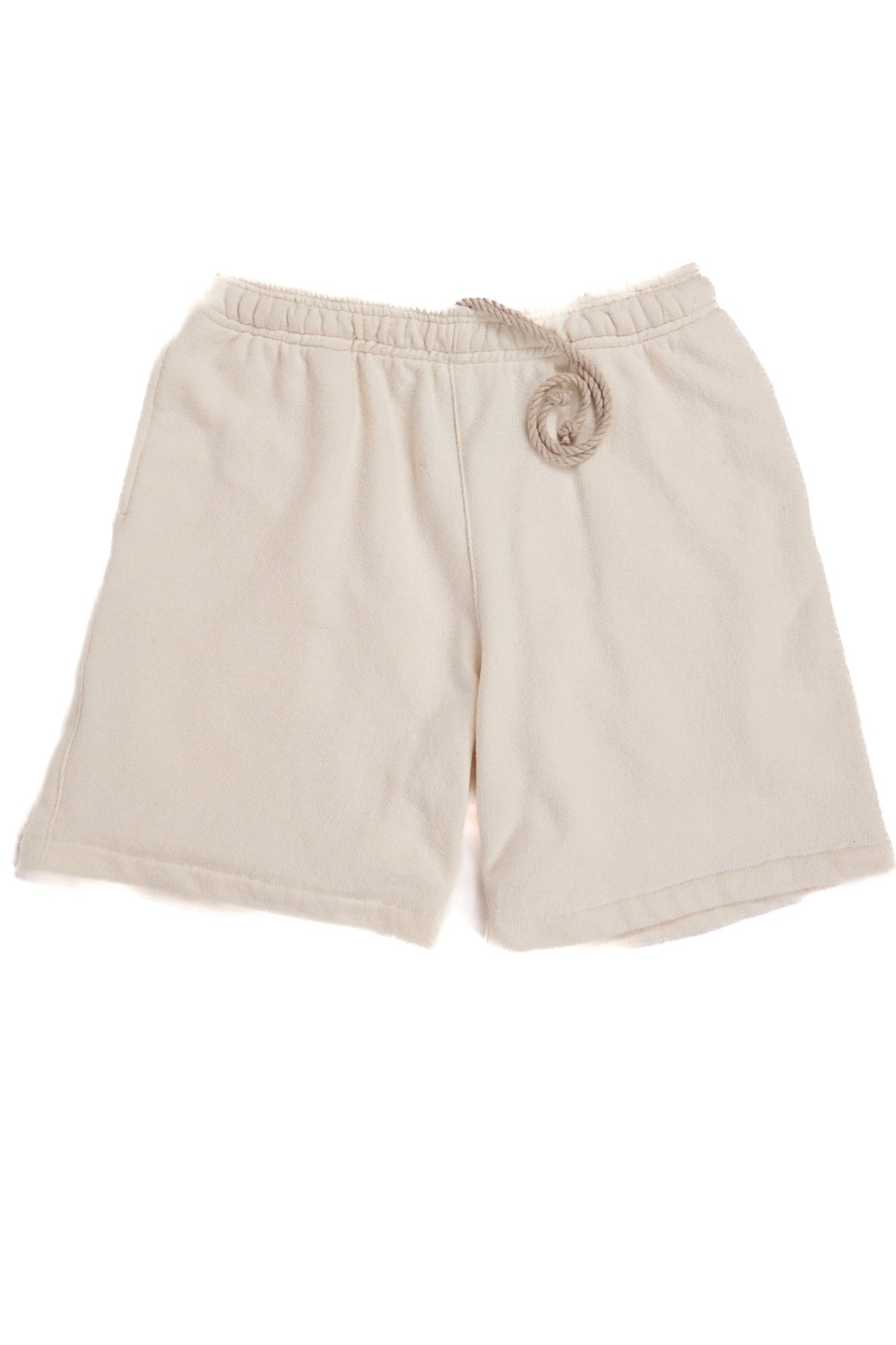 Beige cotton drawstring shorts with an elastic waistband, photographed flat against a white background.