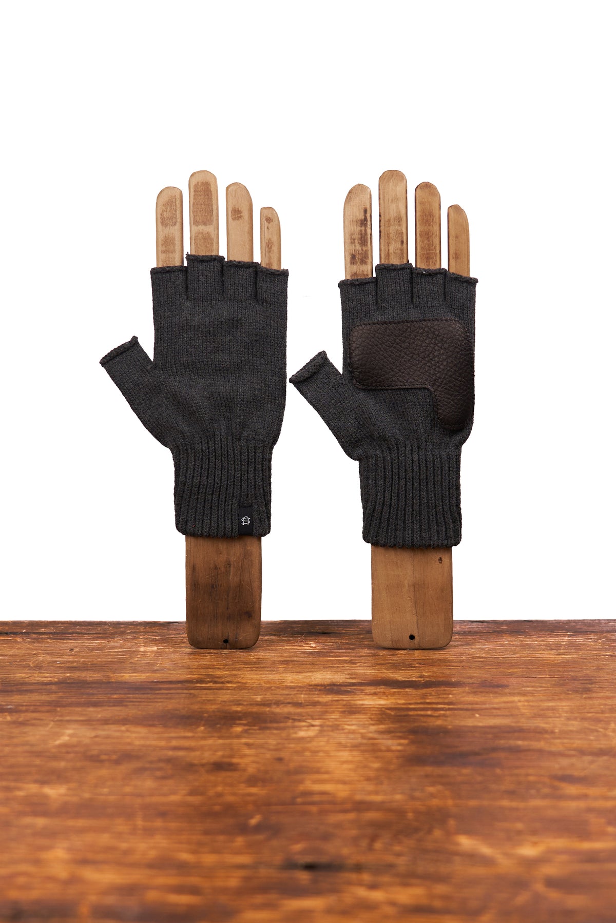 Merino Wool and Recycled PET Fingerless Gloves With BLACK Deer - CHARCOAL