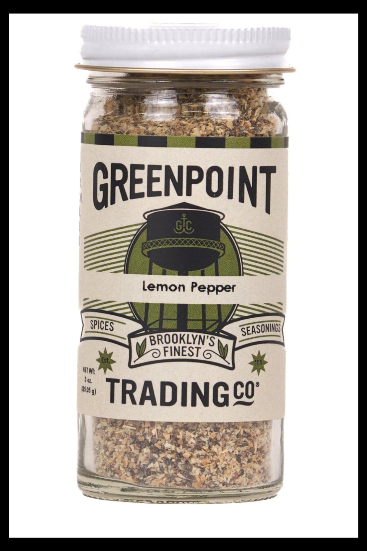 Jar of Greenpoint Trading Co. lemon pepper seasoning on a white background