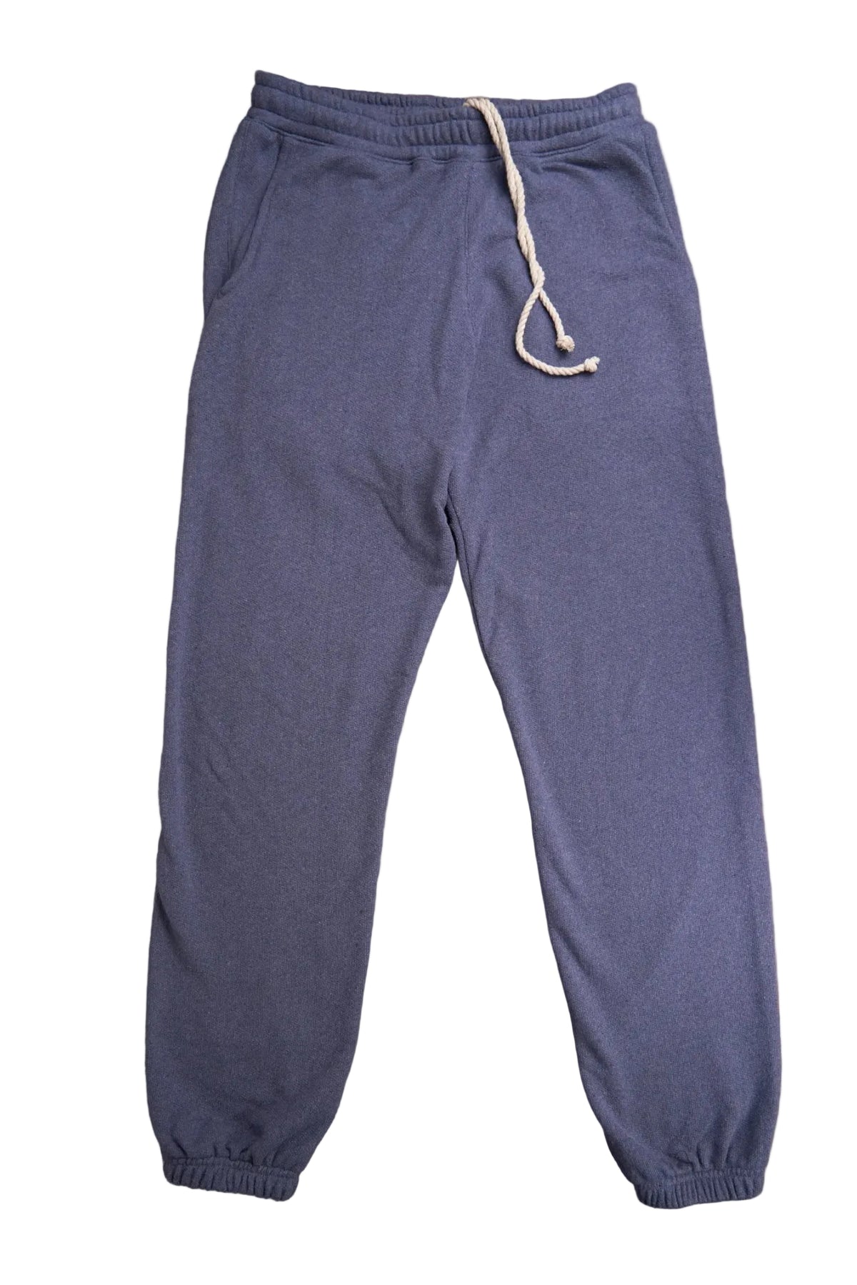 Blue sweatpants with a drawstring on a white background