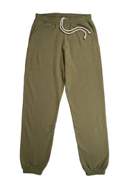 Green sweatpants with a drawstring on a white background